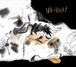 anthro black_hair blush blushing_profusely bodily_fluids canid canine canis chucho_(chuchowriggle) chuchowriggle dalmatian domestic_dog face_squish hair hand_on_head looking_pleasured male mammal moan short_hair simple_background solo squish sweat sweatdrop telegram_sticker tongue tongue_out