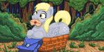 2:1 basket container derpy_hooves_(mlp) digital_media_(artwork) envelope_in_mouth equid equine female feral friendship_is_magic happy hasbro horse mail mammal my_little_pony mythological_creature mythological_equine mythology pegasus pixel_(artwork) pony ruanshi solo wings