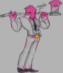  1boy abs axe bare_chest belt blood bloody_clothes bloody_hands bloody_weapon cigarette formal holding holding_axe holding_weapon jacket justalgo katana_zero kiss kissyface_(katana_zero) mask masked necktie open_clothes pink_blood shoes smoke smoking solo suit weapon white_suit 