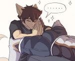 absurd_res anthro athletic athletic_anthro athletic_male bed bulge canid canine claws deer dragon duo eyes_closed fur furniture furred_dragon furred_scalie hi_res hybrid kyzermutt male male/male mammal mythological_creature mythological_scalie mythology pawpads praise scalie spread_legs spreading unit_04 unit_no04