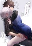  1boy 1girl ahoge blue_eyes blush breasts brown_hair command_spell fate/grand_order fate_(series) fujimaru_ritsuka_(male) fur-trimmed_collar fur-trimmed_sleeves fur_trim grey_hair hand_on_another&#039;s_thigh head_on_shoulder highres jacket jeanne_d&#039;arc_(alter)_(fate) jeanne_d&#039;arc_(fate)_(all) looking_at_another medium_breasts straddling sushimaro sweat translation_request 