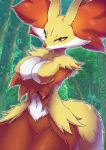  2020 anthro canid canine delphox detailed_background female fur kicktyan mammal nintendo pok&eacute;mon pok&eacute;mon_(species) red_body red_fur solo video_games yellow_body yellow_fur 