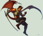  2011 5_fingers abs absurd_res arvalis clothed clothing demon digital_media_(artwork) fingers hi_res holding_object holding_sword holding_weapon male melee_weapon membrane_(anatomy) membranous_wings solo sword toes weapon wings 