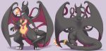  ambiguous_gender back_tentacles black_body black_scales charizard claws digitigrade dragon featureless_crotch fire flaming_tail hi_res horn hybrid looking_at_viewer membrane_(anatomy) membranous_wings narrowed_eyes nintendo orange_eyes pok&eacute;mon pok&eacute;mon_(species) purple_background salazzle scales scalie simple_background smile smooth_skin solo tartii tentacles thick_thighs video_games watermark wings 