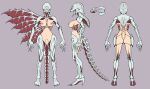  1girl angel_at_dusk arms_at_sides ass breasts carapace claws flat_color from_behind from_side full_body highres medium_breasts monster_girl multiple_views navel nipples official_art reference_sheet simple_background solo standing tail toguromaki_kumoyuki wings 