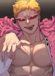  1boy absurdres blonde_hair coat donquixote_doflamingo earrings highres jewelry looking_at_viewer male_focus muscular muscular_male nipples one_piece open_clothes open_shirt pectorals pink_coat shirt short_hair smile sunglasses teeth tongue tongue_out upper_body upper_teeth_only white_shirt zeessert 