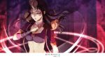  1girl blurry blurry_background breasts brown_hair character_name cleavage closed_eyes crop_top floating_hair indoors koizumi_akako long_hair magic_kaito medium_breasts midriff monicanc navel solo stomach upper_body 