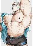anthro bear black_nipples black_nose bulge chung0_0 clothed clothing dark_nipples eyebrows fur hand_behind_head hi_res jack_frost_(tas) lifewonders male mammal muscular muscular_anthro muscular_male navel nipples polar_bear solo thick_eyebrows tokyo_afterschool_summoners ursine white_body white_eyebrows white_fur