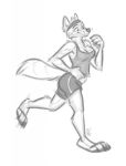  anthro bottomwear breasts canid canine canis claws clothed clothing digital_media_(artwork) exercise feet female fur hi_res jogging mammal monochrome nicnak044 paws pose shirt shorts solo topwear whiskers wolf 