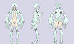  1girl angel_at_dusk arms_at_sides ass breasts carapace claws flat_color from_behind from_side full_body highres monster_girl multiple_views navel official_art oversized_forearms oversized_limbs reference_sheet simple_background small_breasts solo standing tail toguromaki_kumoyuki wings 