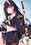  1girl azur_lane black_cardigan black_serafuku black_shirt blush brown_legwear cardigan collarbone commentary_request cowboy_shot earrings from_side gradient gradient_background hair_ornament highres holding holding_sword holding_weapon jewelry katana lifted_by_self looking_at_viewer midriff_peek miniskirt navel noshiro_(azur_lane) oni_horns open_cardigan open_clothes pantyhose pleated_skirt purple_eyes sailor_collar school_uniform serafuku sheath sheathed shirt skirt solo standing star star_earrings stomach sword tongue tongue_out unacchi_(nyusankin) weapon white_neckwear white_sailor_collar x_hair_ornament 