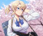  1girl bag bandaid bandaid_on_neck bangs blonde_girl_(itou) blonde_hair blue_eyes blue_neckwear blue_sky blush bow bowtie breasts bullpup cherry_blossoms cleavage cloud collared_shirt commentary_request day floating_hair gun hair_ribbon hand_in_hair highres holding holding_gun holding_weapon itou_(onsoku_tassha) large_breasts long_hair magazine_(weapon) original outdoors p90 pink_ribbon ponytail ribbon school_uniform shirt sky smile solo submachine_gun uniform weapon 