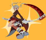  1girl artist_name black_jacket commentary english_commentary full_body gloves holding holding_scythe jacket looking_at_viewer maka_albarn miniskirt orange_background red_skirt rightgate scythe shoe_soles skirt solo soul_eater twintails white_gloves white_hair 