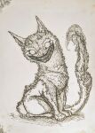 ambiguous_gender creepy felid feline feral full-length_portrait glasgow_smile hi_res hybrid mammal pen_(artwork) portrait simple_background solo synx thistle-briar traditional_media_(artwork)