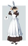  1girl ? adjusting_headwear animal_ears apron black_footwear black_hair bunny_ears commentary_request cuffed dress fake_animal_ears full_body highres long_dress long_sleeves maid maid_apron maid_dress original shoes simple_background solo standing suzushiro_(suzushiro333) victorian_maid white_legwear 