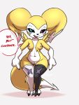  2020 3:4 anthro breasts clothing digimon digimon_(species) english_text fan_character female furball genitals heterochromia hybrid impmon legwear nipples pussy renamon renimpmon short_stack solo stockings text 