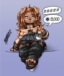 2025 accessory anthro blasticussaturn bottomwear bow_ribbon breasts brown_body brown_fur canid canine choker cleavage clothed clothing feet female fishnet_clothing fishnet_legwear footwear fur hair_accessory hi_res jewelry leg_warmers legwear mammal necklace neckwear open_mouth oversized_clothing pawpads shoes signature sitting skirt solo speech_bubble upskirt