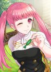  1girl candy closed_mouth fire_emblem fire_emblem:_three_houses food garreg_mach_monastery_uniform hilda_valentine_goneril holding long_hair one_eye_closed pink_eyes pink_hair smile solo soyo2106 twintails uniform upper_body 