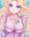  blonde_hair blue_eyes breasts bubble chiyo_(no3baki) cleavage clothed clothing cure_mermaid_(yu-gi-oh) duel_monster female hair jewelry konami looking_at_viewer marine merfolk necklace solo underwater water yu-gi-oh 