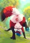 animal_genitalia animal_pussy anthro anus bent_over blue_eyes blue_nose blue_pawpads bodily_fluids breasts butt canid canine canine_genitalia canine_pussy chest_tuft claws dipstick_tail female fluffy fluffy_tail fox fur genital_fluids genitals hi_res looking_through looking_through_legs mammal markings multi_nipple nipples on_grass outside pawpads presenting presenting_hindquarters pussy red_body red_fur semi-anthro skyvo solo tail tail_aside tail_markings tail_motion tailwag tuft vaginal_fluids