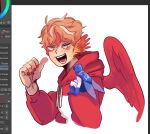  2boys aqua_eyes art_program_in_frame arthropod_boy bird_boy bird_wings blonde_hair blue_boots blue_gloves boots commentary english_commentary gloves head_wings hood hood_down hoodie male_focus minecraft_youtube mini_person miniboy multicolored_hair multiple_boys on_shoulder open_mouth origins_smp rahafwabas red_hoodie red_nails red_wings short_hair sneegsnag streaked_hair tommyinnit tommyinnit_(avian) white_hoodie wings 