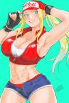  1girl absurdres baseball_cap blonde_hair blue_eyes blush breasts cleavage denim denim_shorts fatal_fury fatal_fury_cap fingerless_gloves genderswap genderswap_(mtf) gloves hat highres large_breasts long_hair looking_at_viewer micro_shorts midriff misodiru navel open_mouth ponytail shorts simple_background smile snk snk_heroines:_tag_team_frenzy solo terry_bogard the_king_of_fighters 