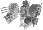  1girl blush breasts brown_eyes brown_hair cannon flower hair_flower hair_ornament headgear highres kantai_collection large_breasts long_hair looking_at_viewer machinery multiple_girls ponytail rigging sashizume_soutarou ship_turret skirt smile smokestack solo thighhighs torpedo_tubes very_long_hair yamato_(kancolle) 