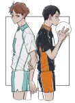  2boys adam&#039;s_apple aoba_johsai_volleyball_uniform back-to-back ball black_hair brown_eyes brown_hair chinese_commentary closed_mouth coco_(238243) collared_shirt commentary_request cropped_legs haikyuu!! hand_on_own_arm highres holding holding_ball kageyama_tobio karasuno_volleyball_uniform looking_ahead looking_at_another looking_back male_focus multicolored_shirt multicolored_shorts multiple_boys oikawa_tooru_(haikyuu!!) parted_bangs shirt short_hair short_sleeves shorts sideburns wing_collar 