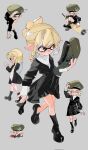  1girl beret black_dress black_shoes black_socks blonde_hair dress full_body green_hat grey_background hair_down hat highres holding holding_unworn_clothes holding_unworn_hat inkling inkling_girl inkling_player_character kneehighs lantern_madoyoi loafers long_sleeves multiple_views pointy_ears shoes sidelocks socks splat_roller_(splatoon) splatoon_(series) sweater tentacle_hair turtleneck turtleneck_sweater unworn_hat unworn_headwear white_sweater yellow_eyes 