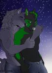  2020 anthro black_body black_fur canid canine canis clothed clothing detailed_background digital_media_(artwork) duo eyes_closed fur green_eyes green_hair hair hi_res male mammal night outside sky star starry_sky tanutanuki topless wolf 