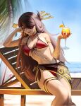 1girl armlet armpit_crease bare_shoulders beach beidou_(genshin_impact) bikini black_sarong blurry blurry_background bracelet breasts brown_hair choker cocktail_glass collarbone commentary cowboy_shot cup drinking_glass drinking_straw earrings english_commentary eyepatch genshin_impact hair_ornament hair_over_one_eye hair_stick hand_on_own_face highres holding holding_cup hoop_earrings jewelry knees_together_feet_apart large_breasts long_hair looking_at_viewer navel necklace ocean palm_tree panties rasipan red_bikini red_choker red_eyes red_lips red_panties sarong sitting solo stomach swimsuit thighlet tongue tongue_out tree underwear very_long_hair 