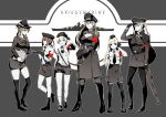  3four 6+girls aiguillette belt beret bismarck_(kantai_collection) blonde_hair blue_eyes boots breasts brown_eyes brown_hair capelet cleavage english_text epaulettes gloves graf_zeppelin_(kantai_collection) green_eyes greyscale gun hat kantai_collection knee_boots large_breasts leggings military military_uniform monochrome multiple_girls necktie peaked_cap prinz_eugen_(kantai_collection) rifle sword u-511_(kantai_collection) uniform weapon z1_leberecht_maass_(kantai_collection) z3_max_schultz_(kantai_collection) 