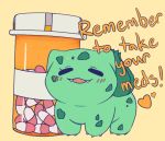  blush bulbasaur claws closed_eyes commentary creature english_commentary english_text full_body gen_1_pokemon heart medicine no_humans pill pokemon pokemon_(creature) simple_background solo standing text_focus yellow_background 