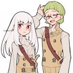  1boy 1girl artist_name closed_eyes closed_mouth do_m_kaeru fire_emblem fire_emblem:_three_houses garreg_mach_monastery_uniform glasses green_hair ignatz_victor long_hair long_sleeves lysithea_von_ordelia open_mouth pink_eyes short_hair simple_background uniform upper_body white_background white_hair 