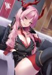  1girl absurdres black_boots black_gloves black_jacket black_skirt blue_archive blunt_sidelocks boots breasts cleavage crossed_legs demon_girl demon_horns detached_collar gloves highres holding holding_pendulum horns huge_breasts jacket long_hair looking_at_viewer mole mole_on_breast necktie parted_bangs pendulum pink_hair rama_(yu-light8) red_eyes red_garter_straps red_necktie red_thighhighs satsuki_(blue_archive) sidelocks sitting skirt solo thigh_boots thighhighs 