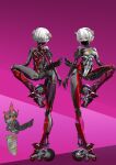  1girl absurdres arm_pouch ass breasts carbon_fiber cyborg engine exhaust_pipe from_behind full_body headgear highres joints jsrs2099 leg_up looking_at_viewer mask mouth_mask multiple_views original piston purple_background robot_joints science_fiction short_hair small_breasts solo standing standing_on_one_leg very_short_hair wheel wheeled_leg(s) white_hair yellow_eyes 