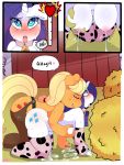  &lt;3 &lt;3_eyes 3:4 all_fours anthro anthro_on_anthro anthro_penetrated anthro_penetrating anthro_penetrating_anthro applejack_(mlp) big_breasts blush bodily_fluids breast_grab breasts clothing comic dialogue dildo equid female female/female female_penetrated female_penetrating female_penetrating_female freckles friendship_is_magic hand_on_breast hi_res horn kikiluv lactating legwear mammal my_little_pony penetration rarity_(mlp) sex_toy strapon sweat thigh_highs unicorn 