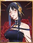  1girl black_dress black_hair blood blood_drop blood_on_face breasts commentary dress english_commentary floral_background flower gold_hairband hairband highres long_hair open_mouth red_eyes red_flower red_rose rightgate rose solo spy_x_family yor_briar 