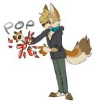 anthro balloon balloon_popping blonde_hair blue_eyes bottomwear brown_body brown_fur canid canine canis clothing collar coyote english_text fur hair inflatable jacket male mammal open_mouth orange_body orange_fur pants pawpads popping rain_(vanillayote) simple_background solo standing surprise surprised_expression tan_body tan_fur text topwear trans_(lore) trans_woman_(lore) vanillayote white_background