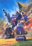  1980s_(style) armored_trooper berserga box_art commentary_request day finger_on_trigger full_body grass gun highres holding holding_gun holding_weapon house looking_at_viewer mecha mecha_focus no_humans official_art outdoors palm_tree retro_artstyle robot scan science_fiction smoke solo soukou_kihei_votoms standing third-party_source tree ueda_shin weapon 