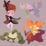  bulbacactus commentary creature delphox english_commentary ferrothorn fire flame full_body gen_2_pokemon gen_5_pokemon gen_6_pokemon gligar grey_background highres holding_stick meloetta meloetta_pirouette_forme no_humans pokemon pokemon_(creature) simple_background standing 
