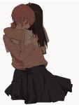  2girls ahoge black_hair black_skirt blush closed_eyes crying dark_skin highres hug koito_yuu lie_lack1080 long_hair long_sleeves low_twintails multiple_girls nanami_touko open_mouth orange_hair parent_and_child pleated_skirt sailor_collar school_uniform short_hair short_twintails simple_background skirt tohmi_higashi_high_school_uniform twintails white_background white_sailor_collar yagate_kimi_ni_naru yuri 