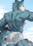 anthro beastars butt canid canine canis chung0_0 clothed clothing hi_res legoshi_(beastars) male mammal muscular muscular_anthro muscular_male solo topless water wolf