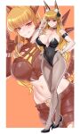  1girl absurdres alternate_costume animal_ears arm_strap armor belt black_armor black_belt black_choker black_gloves black_leotard black_nails black_pantyhose black_shoes black_shorts blonde_hair blue_eyes blunt_bangs border breasts choker commentary_request commission covered_navel crop_top crossed_legs dogs_(dlrkdejr26) earclip earrings elbow_gloves elbow_spikes fake_animal_ears fishnet_pantyhose fishnets full_body garter_straps gauntlets gloves grin hand_on_own_hip hand_up headgear high_heels highleg highleg_leotard highres jewelry korean_commentary large_breasts leotard long_hair looking_at_viewer magik_(x-men) marvel marvel_rivals midriff navel orange_background pantyhose playboy_bunny rabbit_ears shoes short_shorts shorts shoulder_spikes sidelocks single_earring single_elbow_glove smile solo spikes standing strapless strapless_leotard teeth torn_clothes torn_pantyhose watson_cross white_border wrist_cuffs x-men zoom_layer 