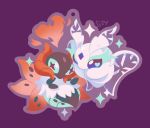  creature flying frosmoth full_body gen_5_pokemon gen_8_pokemon heart no_humans pinkgermy pokemon pokemon_(creature) purple_background signature simple_background volcarona 