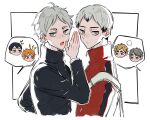  6+boys :/ arm_up bag black_hair black_jacket blonde_hair blue_eyes brothers closed_mouth coco_(238243) colored_tips commentary double-parted_bangs frown grey_eyes grey_hair haikyuu!! high_collar hinata_shouyou image_in_speech_bubble jacket jitome kageyama_tobio kita_shinsuke layered_sleeves long_sleeves looking_to_the_side lower_teeth_only male_focus miya_atsumu miya_osamu mole mole_under_eye multicolored_hair multicolored_jacket multiple_boys open_mouth orange_eyes orange_hair out_of_frame parted_bangs parted_hair popped_collar shoulder_bag siblings sideburns sideways_glance smile sugawara_koushi symbol-only_commentary teeth tongue twins two-tone_hair white_hair zipper zipper_pull_tab 