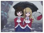  2girls black_hair black_umbrella blonde_hair bow brooch claire_francois cravat drill_hair hair_bow jewelry long_hair long_sleeves looking_at_another multiple_girls outdoors overcast rain red_bow rei_taylor short_hair smile standing thought_bubble umbrella watashi_no_oshi_wa_akuyaku_reijou yuri 