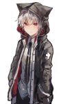  1boy 1girl black_jacket black_neckwear black_pants closed_mouth collared_shirt grey_hair grey_shirt hair_between_eyes hands_in_pockets hood hood_up hooded_jacket ikeuchi_tanuma jacket light_smile long_sleeves looking_at_viewer male_focus nagisa_kaworu necktie neon_genesis_evangelion neon_genesis_evangelion_gakuen_datenroku open_clothes open_jacket pants red_eyes shirt simple_background solo standing white_background wing_collar 