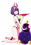  1girl absurdres alcohol ankle_ribbon bangs bare_shoulders barefoot blush bob_cut breasts closed_mouth cup delrah eyeliner fate/grand_order fate_(series) feet gourd headpiece highres horns kneeling legs licking_lips looking_at_viewer makeup navel oni oni_horns purple_eyes purple_hair red_ribbon revealing_clothes ribbon sakazuki sake short_eyebrows short_hair shuten_douji_(fate/grand_order) simple_background skin-covered_horns small_breasts smile solo tongue tongue_out white_background 