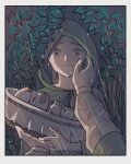  1boy 2girls aged_down baby basket border brown_eyes brown_hair child cloak closed_eyes closed_mouth commentary_request crying crying_with_eyes_open dragon_quest dragon_quest_xi eleanor_(dq11) furrowed_brow green_cloak hand_on_another&#039;s_cheek hand_on_another&#039;s_face hero_(dq11) holding_baby hood hood_up leaf long_sleeves looking_at_viewer martina_(dq11) mother_and_son multiple_girls open_mouth parent_and_child purple_hair rain suika_(user_szay2543) tears white_border 